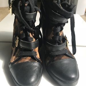 Michael Kors camo print wedge booties